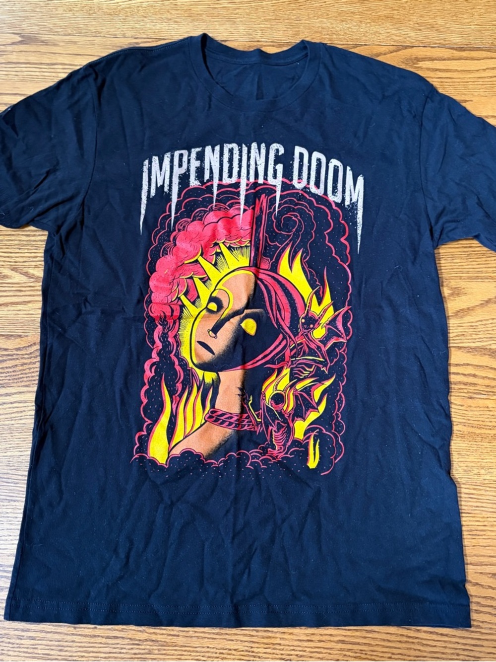 Impending Doom Graphic band Tee - Black with Neon Yellow & Pink Design